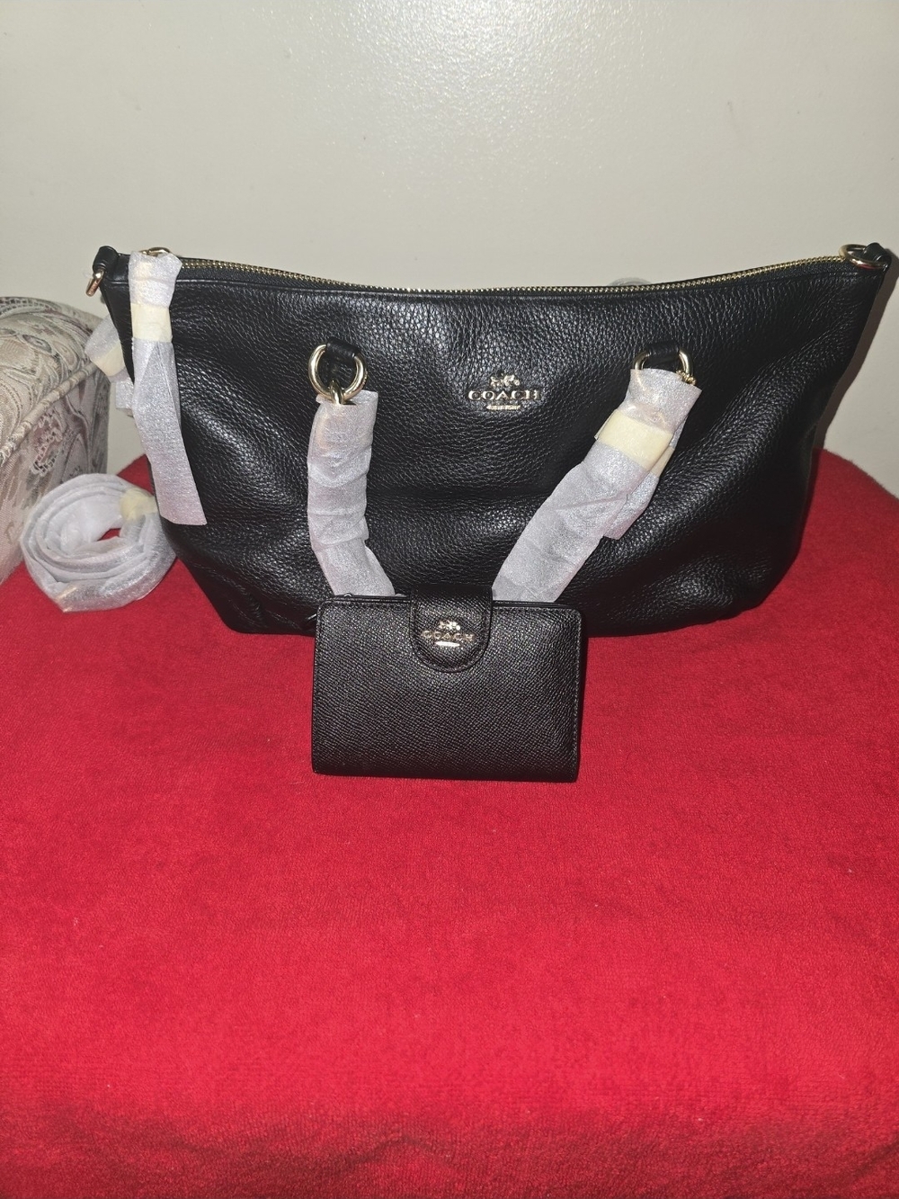 Coach Black Leather Shoulder Bag with Matching Black Wallet